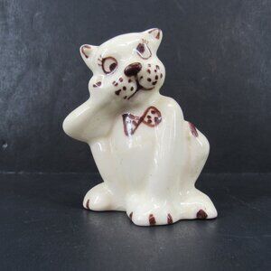 Vintage 60's Ceramic Kitty In Bow Tie Figurine Kitty with Toothache 3 Inch Tall